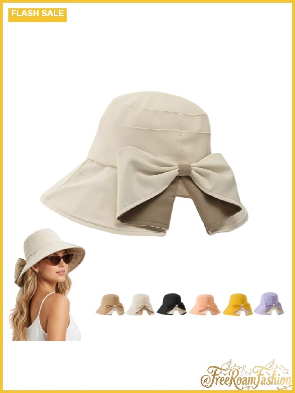 Wide Brim Bowknot Foldable Sun Hat 360° UV Protection Breathable Beach Travel